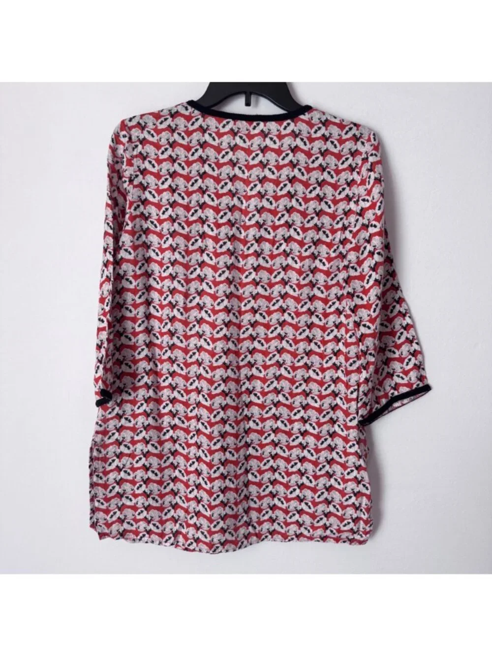 Tory Burch Women Red Floral 100% Linen Black Trim Tunic Top Size XS